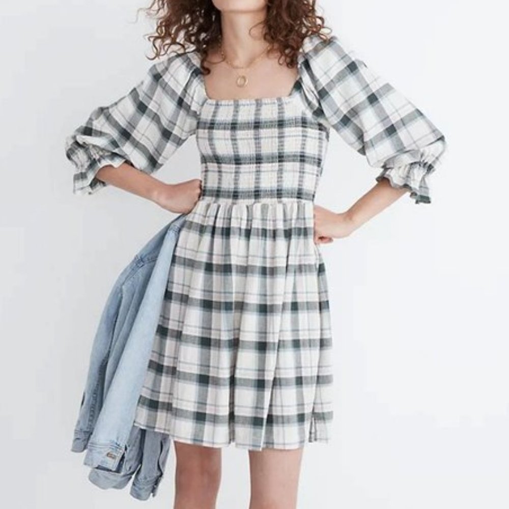 Madewell | Antique Cream Plaid Smocked Lucie Puff Sleeve A-Line